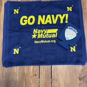 Go NAVY! 3 Navy Mutual Promotional Towels - Navy & Yellow &  1 Coozie